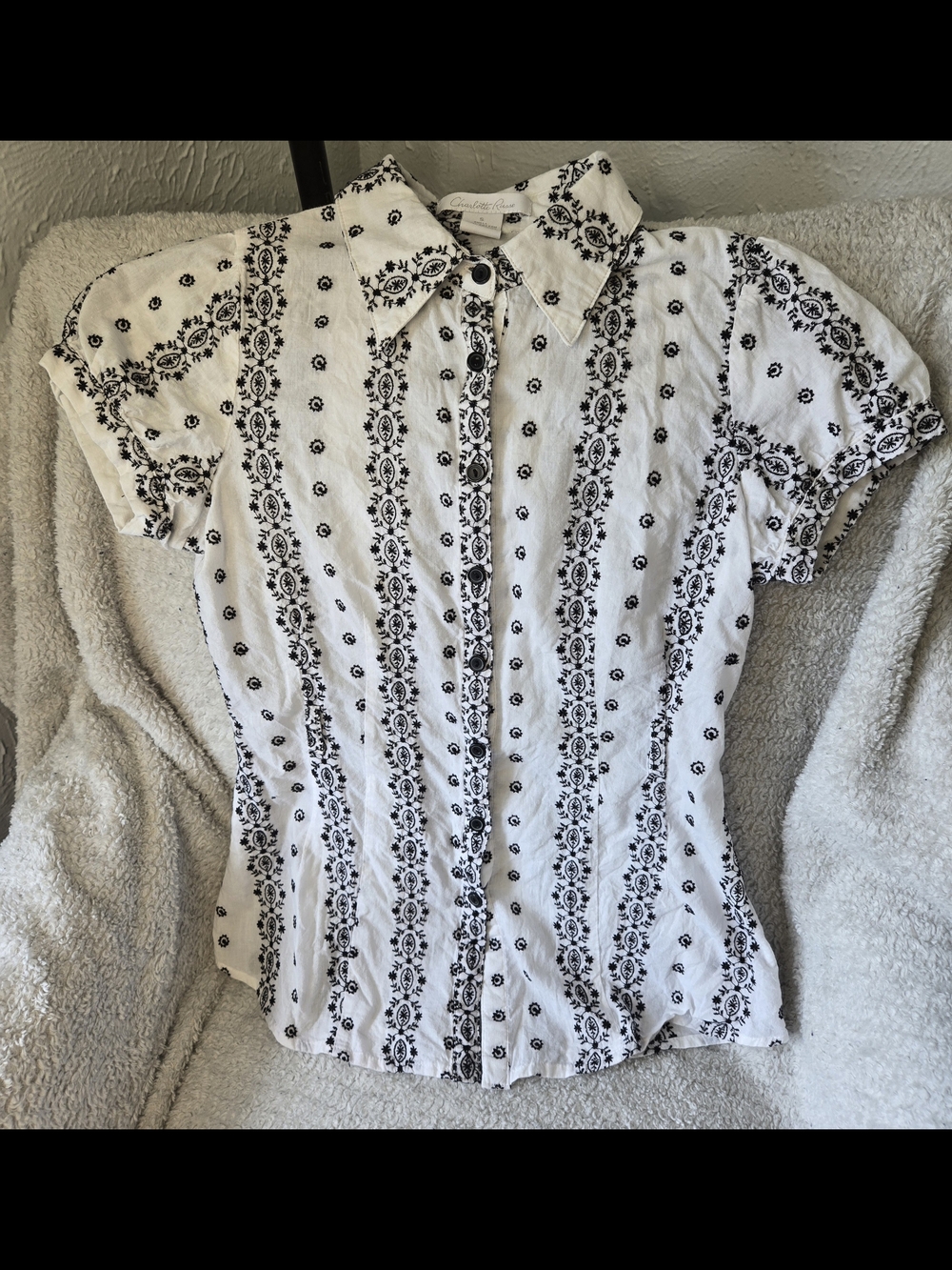 Charlotte Russe White Baby Button-Down Shirt with Black Floral Stripes